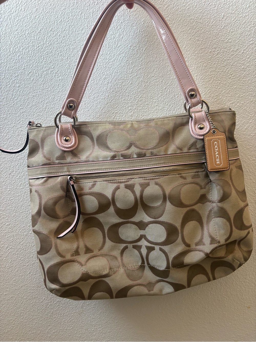 Coach Signature Jacquard Tote in Beige with Pink Trim